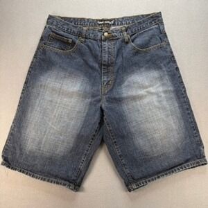 Eddie Domani Jeans Shorts Mens 36 (FIT 34) Blue Y2K Baggy Fade Embroidered Retro